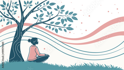 A woman sitting in a peaceful garden under a tree while meditating in nature