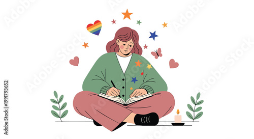 Vector illustration of woman meditating, journaling, surrounded by colorful hearts, stars, and flowers
