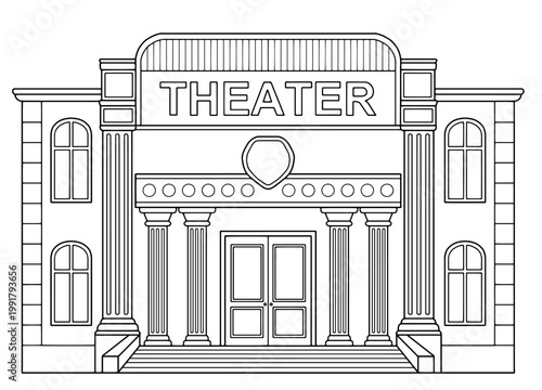 Theater building exterior graphic black white isolated sketch illustration vector