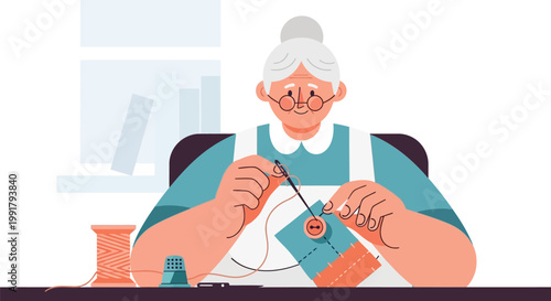 Elderly woman sewing with needle and thread.