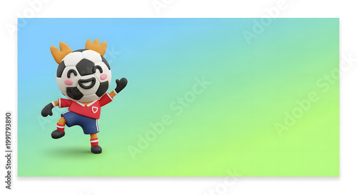 A cute cartoon soccer ball mascot character with orange antlers, wearing a red shirt and blue shorts, smiling and waving on a gradient background.