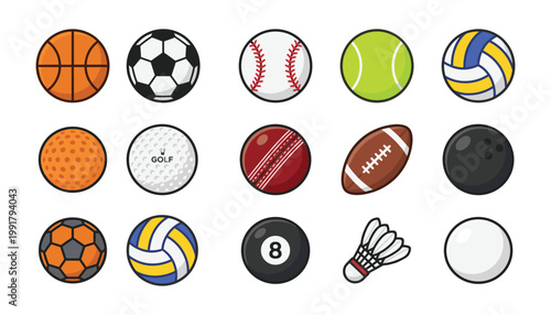 Colorful vector illustration of various sports balls and equipment on transparent background.