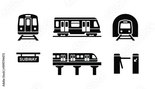 Subway train transportation icons with tunnel and station sign transparent background vector.