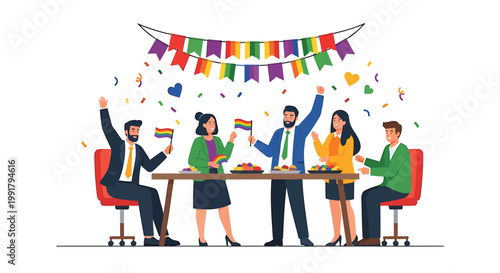 Business team, office celebration, coworkers cheering, party banner, confetti