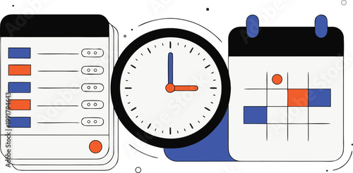 Vector illustration of time management tools including a clock, calendar and schedule planner