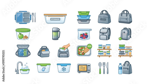 Assortment of lunch boxes bags and food containers for meal prep transparent vector.