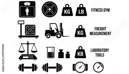 Vector transparent objects icons set for fitness freight measurement laboratory tools and weight scales.
