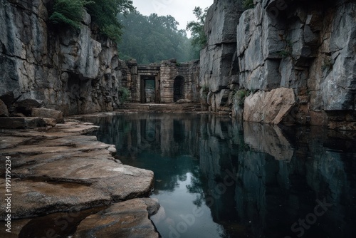 Ancient stone ruins with arched gateway and still water