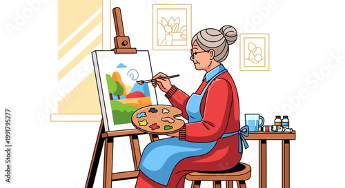 Elderly woman artist painting a landscape on canvas.