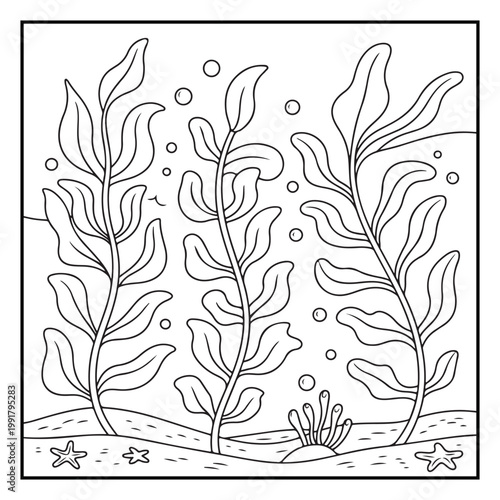 Cute Sea Animals and Marine Life Coloring Page Vector Line Art