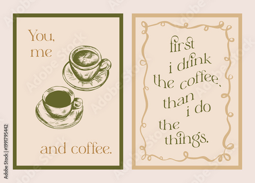 Coffee typography poster set with vintage espresso cup illustration kitchen wall art printable cafe quote posters. Set of two vintage style coffee typography posters with espresso cup illustration.