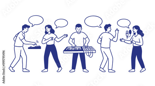 Group Of Young Talented Musicians Playing Electronic Instruments And Singing Into Microphone During Creative Audio Production Session In Recording Studio