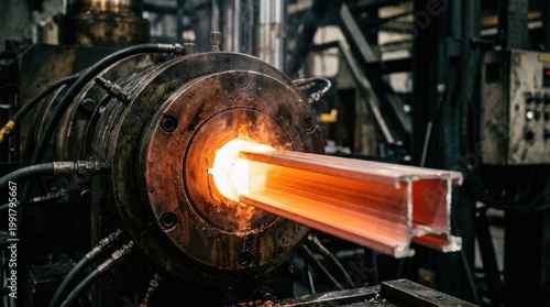 Hot metal extrusion process in industrial manufacturing plant.