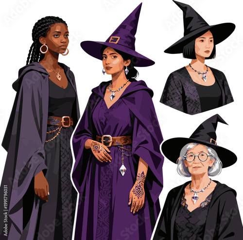 Create a realistic kinds of deferent woman dressed as a witch vector art with white background.