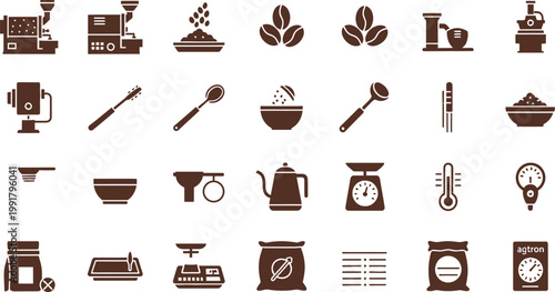 Vintage style icons representing coffee making and brewing equipment and tools Vector