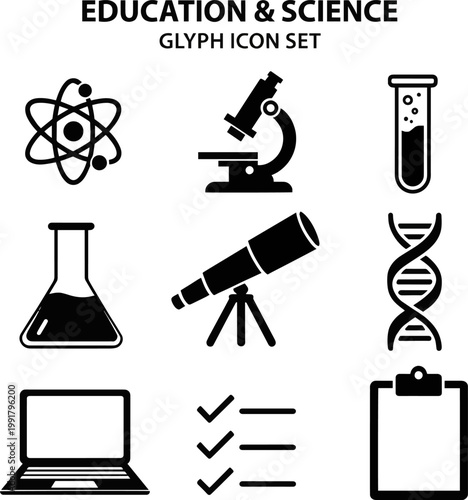 Create a realistic Education and science glyph icon set. Vector pictograms of atom, microscope, test tube, flask, telescope, dna, laptop, checklist, clipboard, black sign silhouette vector art .