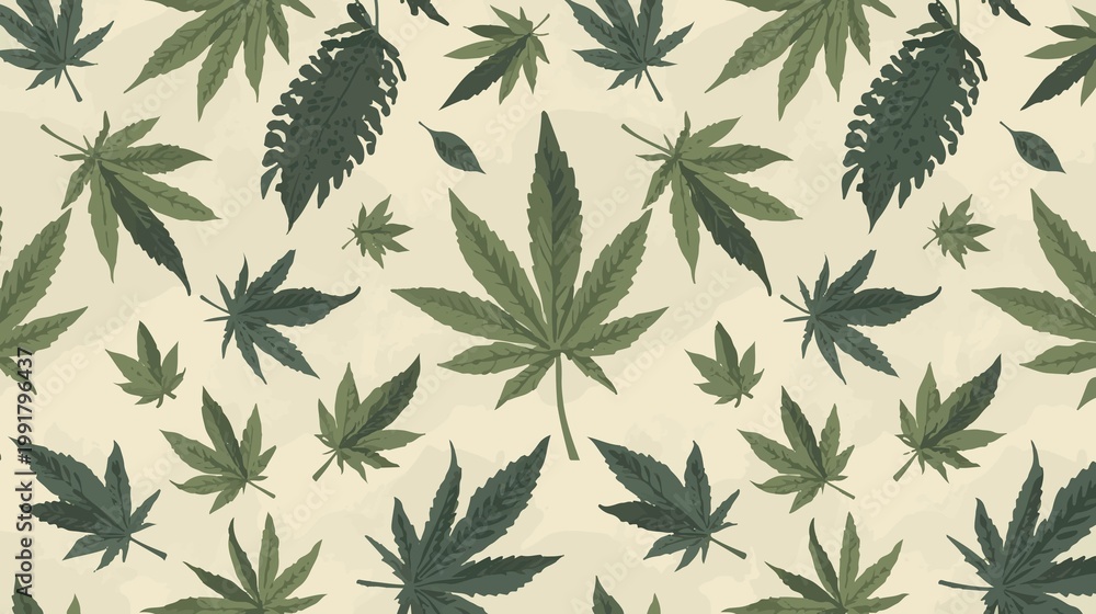 Fototapeta premium template featuring cannabis leaf patterns with flat design style, incorporating fabric motifs in a repeating pattern, with bold lines, solid colors, and a minimalist aesthetic