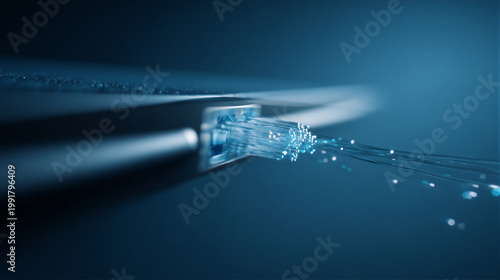 Minimalist macro of fiber optic cable in network switch. Brushed texture with cold gloss and blue data pulse. Cinematic lighting. 3D render with copy space for infrastructure or cloud website.
