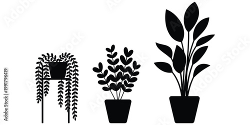 Potted plant silhouette illustration set, indoor foliage artwork, decorative houseplant vector, botanical design composition, modern greenery illustration