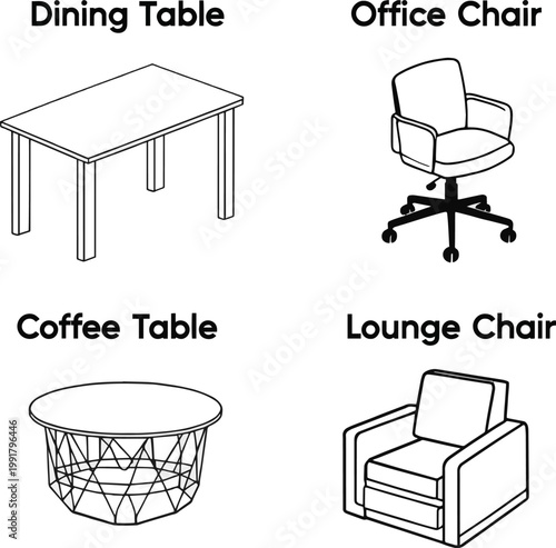 Create a realistic kinds of deferent isometric table, chair line vector line vector art with white background.