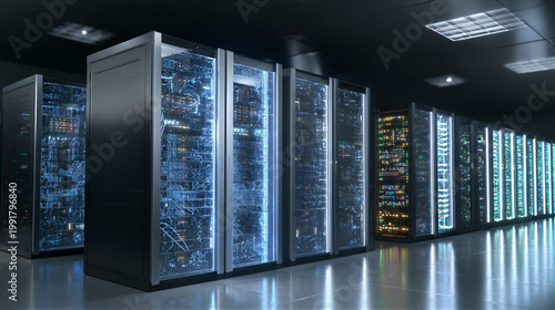 Data center server room with metal cabinets and fiber optics. Cinematic volumetric light creates Tyndall effect. Cool blue tech tones mix with warm lights. Clean copy space on right. 8K CGI render.
