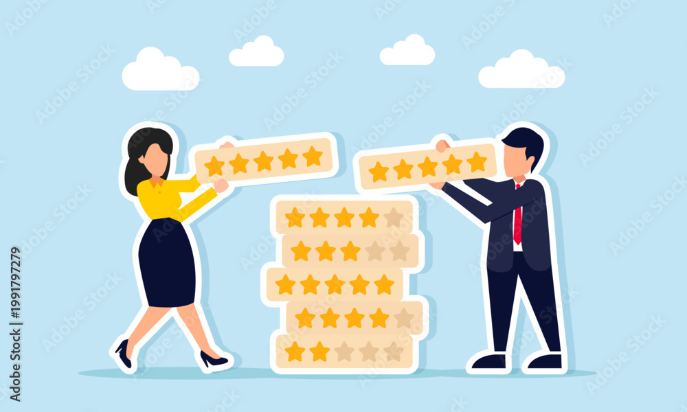 Obraz premium Businessman and businesswoman stacking star rating boards illustration of review calculation and business analysis concept