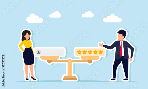 Businessman and businesswoman standing near justice scale with rating and review boards illustration of balancing business quality stability based on feedback