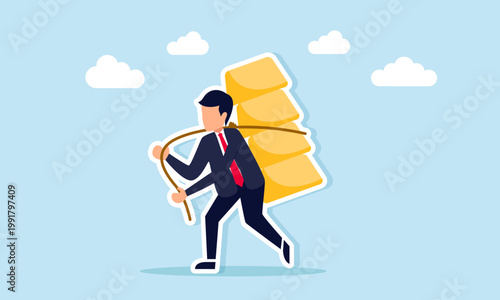 Businessman carrying stacked gold bars with rope illustration of investment skill and financial capability concept