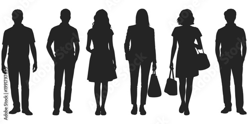 Standing people silhouette illustration set, diverse character artwork, demographic lifestyle vector, fashion posture composition, group design illustration