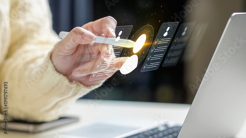 Tableau sur toile HR professional using a digital stylus to select candidates from virtual resume