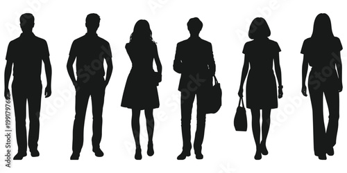 Standing people silhouette illustration set, diverse human posture artwork, fashion lifestyle vector, demographic character composition illustration