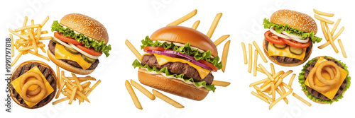A delicious burger with fries isolated on white background high resolution food photography for fast food advertising and restaurant menu design and street food gourmet burger concept visuals.
