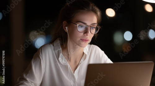 Focused Endeavor: A focused individual, adorned with spectacles and earbuds, engrossed in the glow of a laptop at night, embodies concentration. 
