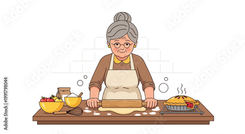 Grandmother baking a pie with rolling pin.