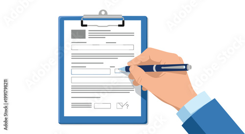 A professional hand wearing a blue suit sleeve carefully fills out a detailed application form on a sturdy blue clipboard with a sleek metallic pen.