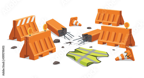 A chaotic scene of road construction debris featuring scattered orange barriers, traffic cones, and a yellow safety vest among broken concrete and rocks.