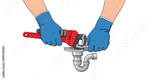 Professional plumber hands wearing protective blue gloves meticulously adjust a chrome sink drain trap using a vibrant red pipe wrench on a white background.