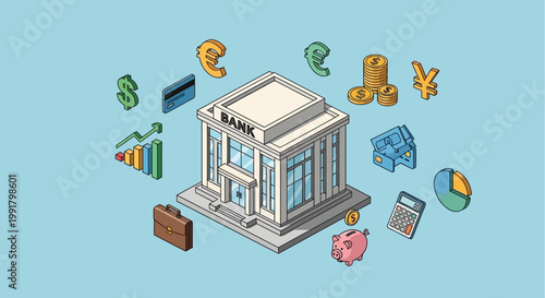 Bank Building Icon Illustration.