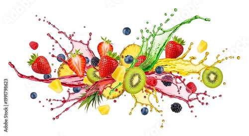 Fresh Fruit Splash Colorful Juice Background.