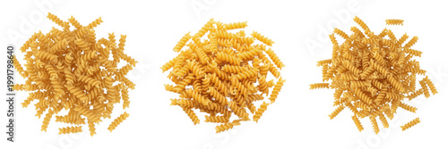 A pile of spiral pasta isolated on white background high resolution food photography for Italian cuisine and culinary recipe illustration and grocery market advertising and healthy pasta dish ideas.