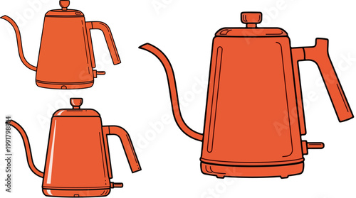 Modern orange gooseneck kettle vector set, minimalist electric pour over coffee kettles, stylish kitchen appliance illustrations for cafe branding