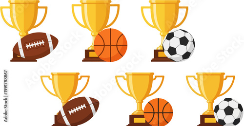 Golden sports trophy cups with balls, set of 6 vector icons for football basketball and soccer, championship award prizes for athletic competition