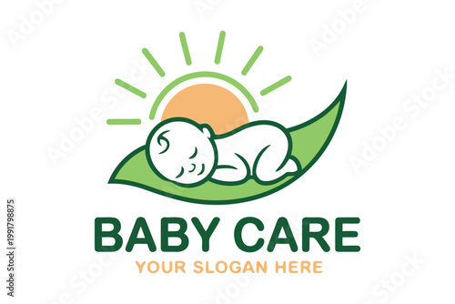 Baby care logo design with sun and infant sleeping on green leaf bed.