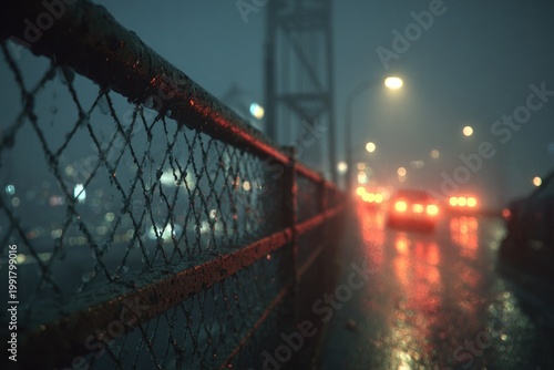 Rainy night urban bridge with red car lights and fog