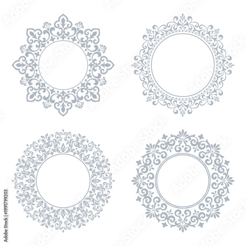 Set of decorative frames Elegant vector element for design in Eastern style, place for text. Floral gray and white frames. Lace illustration for invitations and greeting cards