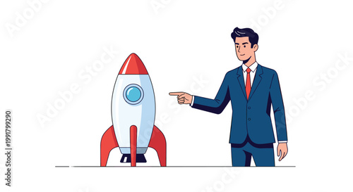 A confident businessman in a sharp navy blue suit points toward a sleek white and red rocket ship prepared for a successful corporate launch project.