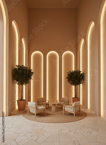 Elegant contemporary indoor lounge area with arched lighting and potted trees creating a serene ambiance