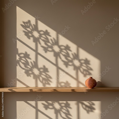 Morning sunlight casts intricate decorative shadows onto a minimalist wall, subtly illuminating a small ceramic pot on a natural wooden shelf, evoking calm and warmth