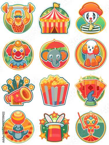 Circus Sticker Set Featuring Clowns, Animals, and Props in Bright Colors
