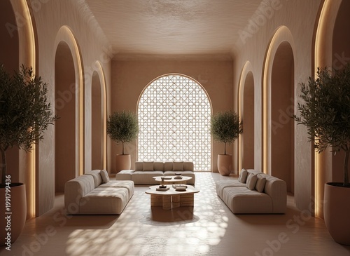 Elegant modern living room interior with sophisticated arched architecture, soft lighting, minimalist furniture, and a captivating geometric window